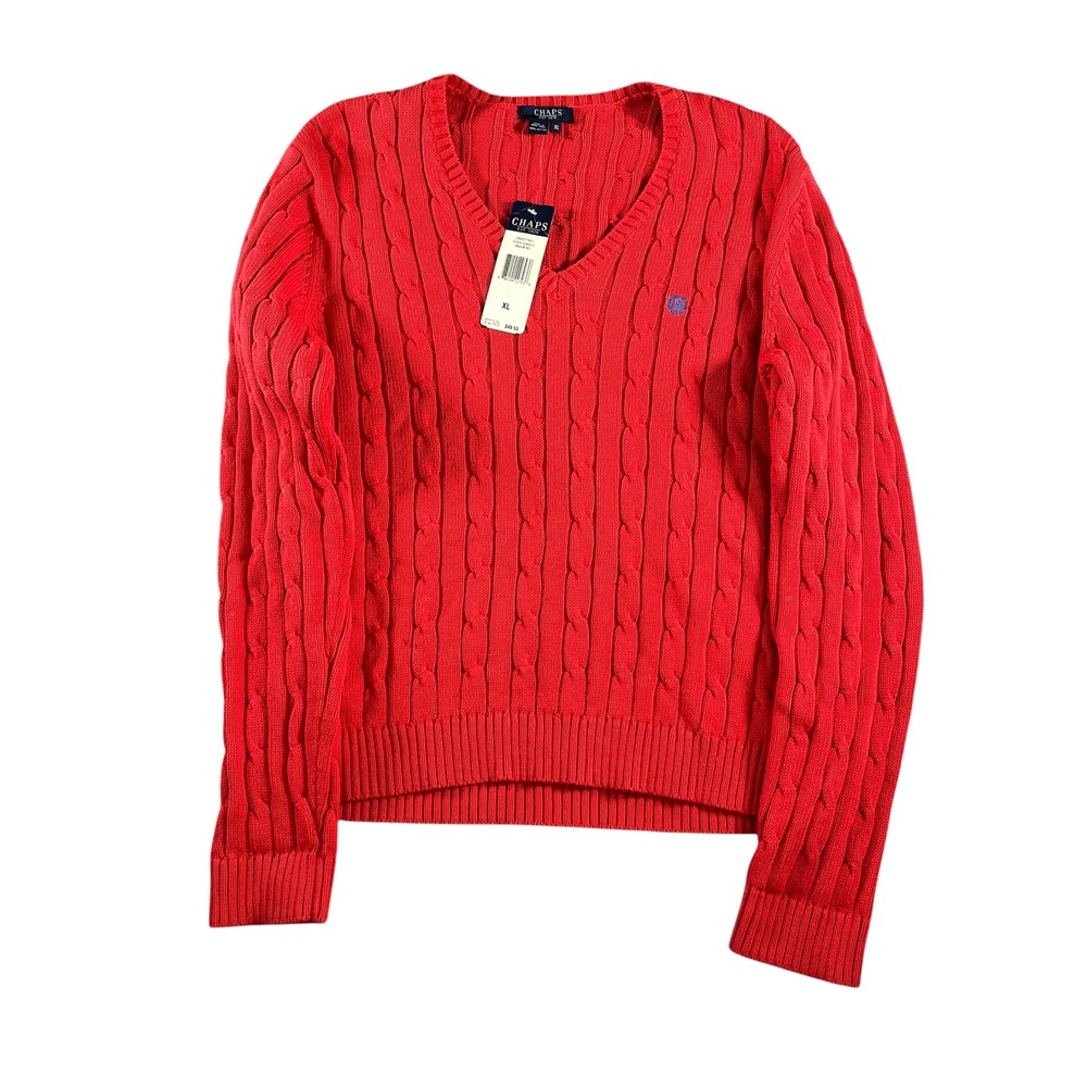 Chaps Womens Size XL Red Cable Knit Long Sleeve V-Neck Cotton Sweater NWT